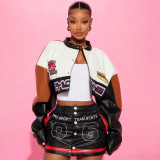 Women Autumn/Winter Stretchy PU Leather Print Top and Skirt Two-Piece Set