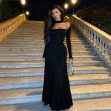Women Autumn/Winter Solid Sexy Strapless Long-Sleeve Dress