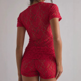 Women Sexy Lace See-Through Round Neck Short-Sleeve T-Shirt Top and Shorts Two-Piece Set