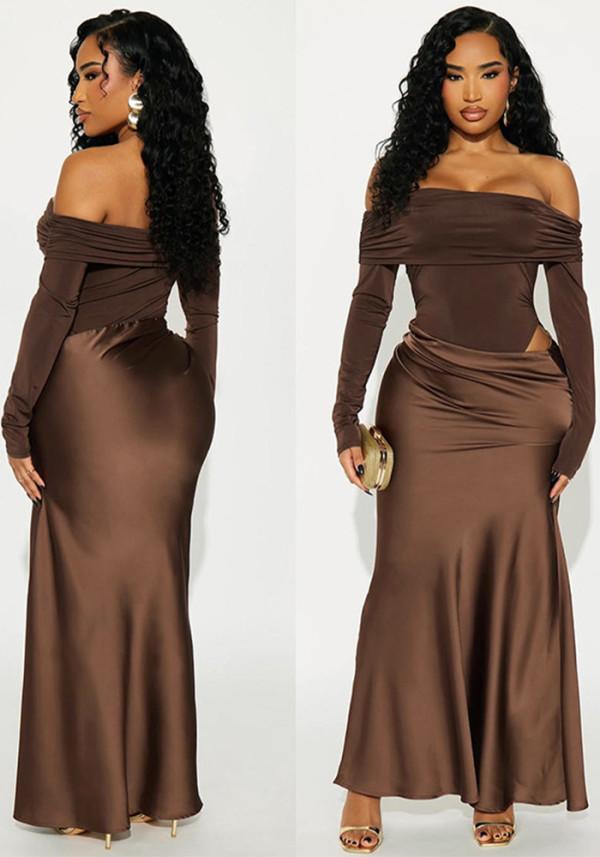 Women Autumn/Winter Solid Elegant Off-Shoulder Long-Sleeve Dress