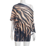 Women Sexy Print Slash Shoulder Top and Skirt Two-Piece Set