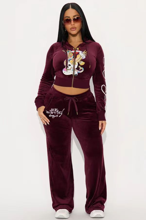 Women Hooded Velvet Top and Pant Two-Piece Set