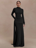 Women Autumn/Winter Solid High-Neck Long-Sleeve Ribbon Gathered Bodycon Skirt