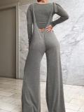 Women Autumn/Winter Solid Long-Sleeved T-Shirt and Wide-Leg Overalls Two-Piece Set