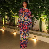 Women Printed Hollow-Out Round Neck Bell Bottom Sleeve Maxi Dress