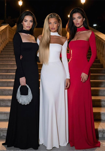 Women Autumn/Winter Solid Sexy Strapless Long-Sleeve Dress