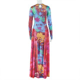 Women Patchwork Print Round Neck Long-Sleeved Dress