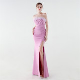 Women Strapless Feather Fishtail Formal Party Evening Dress
