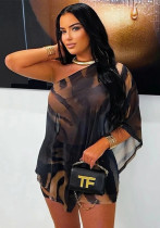 Women Sexy Print Slash Shoulder Top and Skirt Two-Piece Set