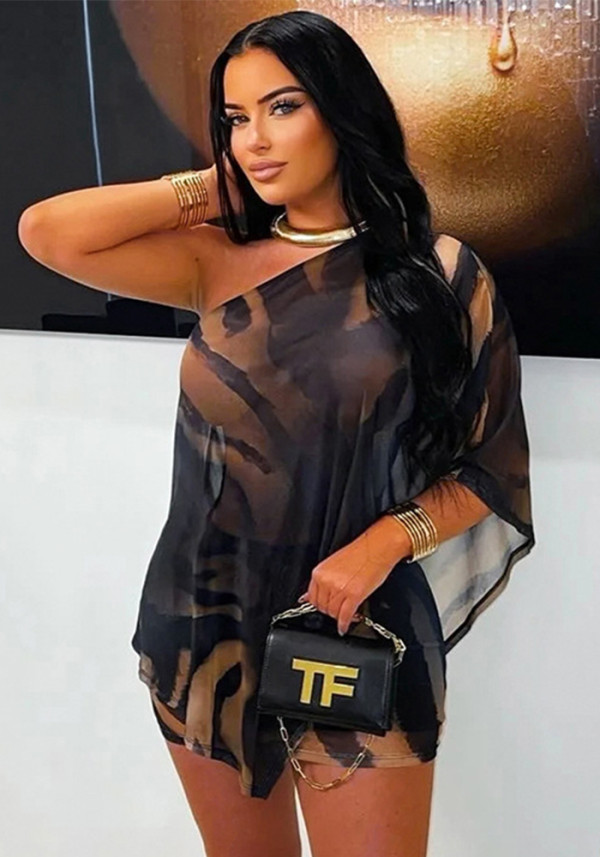 Women Sexy Print Slash Shoulder Top and Skirt Two-Piece Set