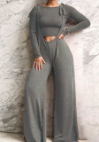 Women Autumn/Winter Solid Long-Sleeved T-Shirt and Wide-Leg Overalls Two-Piece Set