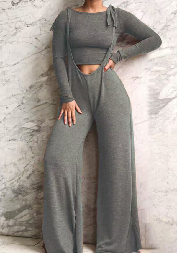 Women Autumn/Winter Solid Long-Sleeved T-Shirt and Wide-Leg Overalls Two-Piece Set