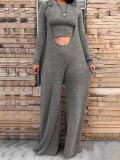 Women Autumn/Winter Solid Long-Sleeved T-Shirt and Wide-Leg Overalls Two-Piece Set