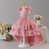 Girls' Sequin Birthday Formal Party Dress with Bow Sequin Suspender Train Princess Dress