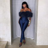 Women Autumn/Winter Off-Shoulder Furry Collar Patchwork Sleeveless Stretchy Cropped Jumpsuit