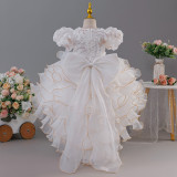 Girls' Birthday Formal Party Puff Sleeve Embroidered Train Cake Princess Dress