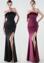 Women Strapless Feather Fishtail Formal Party Evening Dress