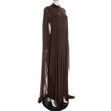 Women Elegant Sexy Backless Dress Long-Sleeve Ribbed Mesh Shawl Two-Piece Set