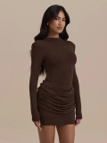 Women Solid Gathered Long-Sleeve Bodycon Dress