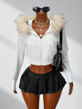 Women American Autumn/Winter Zipper Solid Fur Collar Hooded Crop Jacket