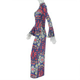 Women Printed Hollow-Out Round Neck Bell Bottom Sleeve Maxi Dress