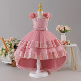 Girls' Sequin Birthday Formal Party Dress with Bow Sequin Suspender Train Princess Dress