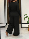 Plus Size Women Spring/Autumn Solid Casual Knot Asymmetrical Long-Sleeve Top and Pants Casual Two-Piece Set