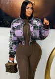 Women Autumn/Winter Stand Collar Embroidered Ribbed Jacket