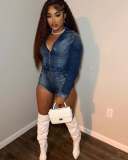 Women Zipper Solid Patchwork Stetchy Denim Lace Jumpsuit