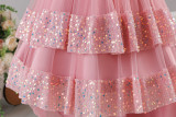 Girls' Sequin Birthday Formal Party Dress with Bow Sequin Suspender Train Princess Dress