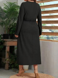 Plus Size Women Spring/Autumn Solid Knot Slit Long-Sleeve Elegant Dress