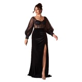 Women Summer Long Sleeve See-Through Sexy Slit Evening Dress