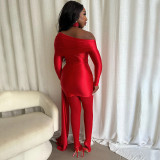 Women Autumn/Winter Solid Slash Shoulder Turndown Collar Long-Sleeved Ribbon Dresses