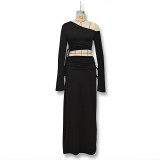 Women Autumn Long-Sleeve Solid One-Shoulder Crop Top and Skirt Two-Piece Set