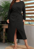 Plus Size Women Spring/Autumn Solid Knot Slit Long-Sleeve Elegant Dress