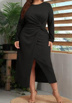 Plus Size Women Spring/Autumn Solid Knot Slit Long-Sleeve Elegant Dress