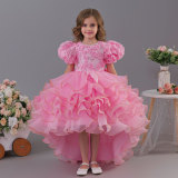 Girls' Birthday Formal Party Puff Sleeve Embroidered Train Cake Princess Dress