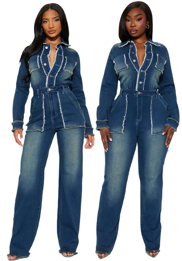 Women Stretchy Long-Sleeve Denim Bell Bottom Jumpsuit