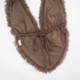 Women Autumn/Winter Furry Collar Lace-Up Backless Top and Skirt Two-Piece Set