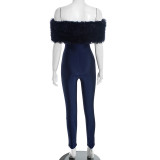 Women Autumn/Winter Off-Shoulder Furry Collar Patchwork Sleeveless Stretchy Cropped Jumpsuit
