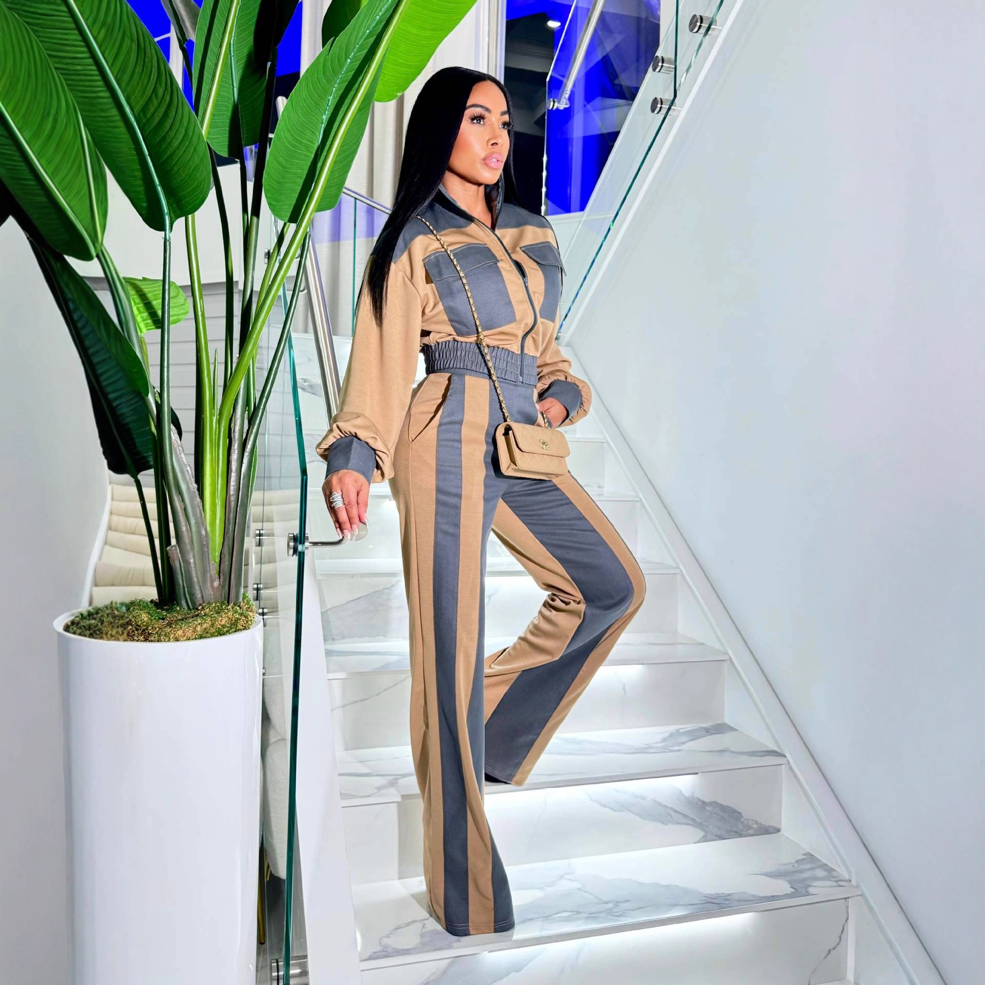 Women Denim Patchwork Pocket Long-Sleeved Top and Pants Two-Piece Set