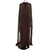 Women Elegant Sexy Backless Dress Long-Sleeve Ribbed Mesh Shawl Two-Piece Set