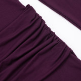 Women Autumn/Winter Solid High-Neck Long-Sleeve Ribbon Gathered Bodycon Skirt