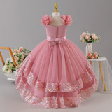 Girls' Sequin Birthday Formal Party Dress with Bow Sequin Suspender Train Princess Dress
