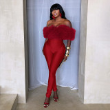 Women Autumn/Winter Off-Shoulder Furry Collar Patchwork Sleeveless Stretchy Cropped Jumpsuit