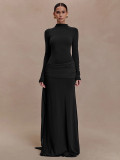 Women Autumn/Winter Solid High-Neck Long-Sleeve Ribbon Gathered Bodycon Skirt