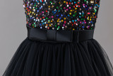 Girls' Sequin Birthday Formal Party Dress with Bow Sequin Suspender Train Princess Dress