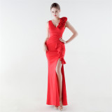 Women Floral One-Shoulder Ruffled Fishtail Evening Dress