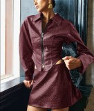 Women PU Leather Jacket Bodycon Skirt Two-Piece Set