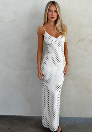 Women French Polka Dot Sexy V-Neck Strapless Maxi Dress